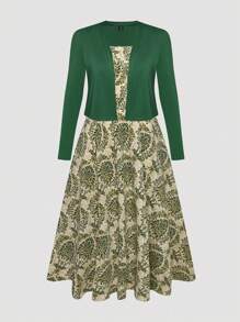 SHEIN Tall 大码女式高腰印花针织连衣裙配开衫两件套，波西米亚度假风 - 綠色 - 查看 6