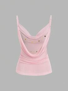 Sweetra Women's New Fashionable Sexy Minimalist Backless Chain Detail Spaghetti Strap Camisole Top - Pink - View 1