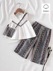 SHEIN Vintaside Kids Baby Girl Retro Fashion Casual Top And Pants Set - White - View 1