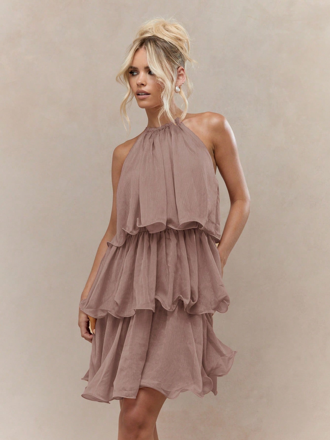 MISSGUIDED Boho Tiered Ruffle Halter Neck Mini Dress Cute Sundress