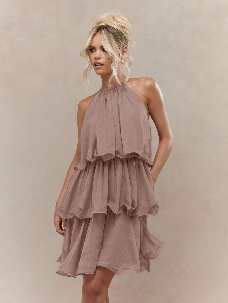 MISSGUIDED 波西米亚风层叠荷叶边挂脖迷你连衣裙可爱太阳裙 - 粉色 - 查看 1