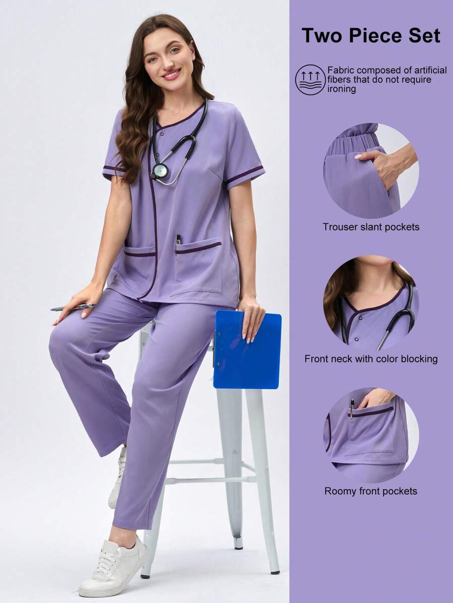 Scrubzie 两件套抗皱不对称领长上衣和长裤护士服 - 紫色 - 查看 1