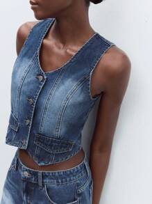 Maija Chaleco vaquero casual sin mangas de un solo abotonado para mujer, ideal para verano