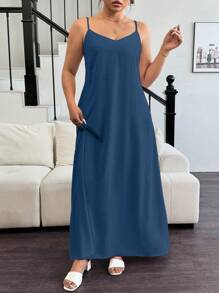 Elenzga Vestido largo elegante de mujer de unicolor sin mangas con corte evasé, vestido casual de mujer, vestido de mujer talla grande, vestido de verano para mujer, ropa de mujer, vestidos de mujer, vestido elegante de mujer - Neblina azul - Ver 4