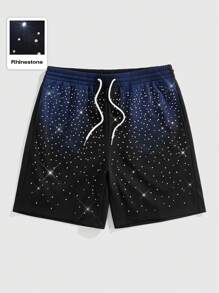 ROMWE MEN Street Life Quần short đi biển cạp rút in họa tiết đá giả cho nam - màu đen - Xem 1