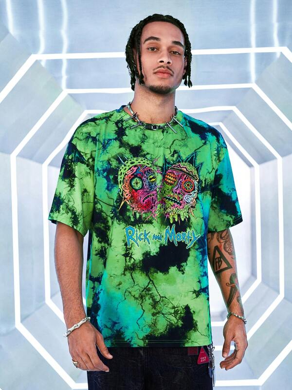 Rick and Morty X SHEIN Men's Casual Tie-Dye Cartoon Pattern Round Neck Short Sleeve T-Shirt, Summer