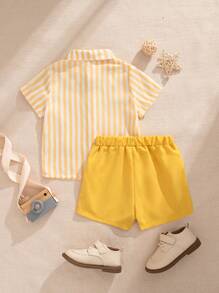 Souflis Souflis Conjunto de 2 piezas de camisa con estampado de rayas de bloques de color y pantalones cortos lisos para niños, look de caballero, conjunto para usar en verano en el diario y en fiestas - Amarillo - Ver 8