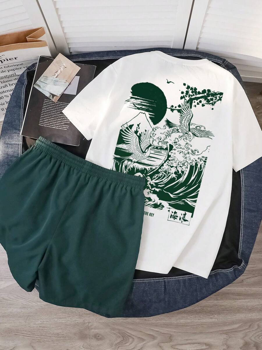 Claim Dot Men's Original Green Japanese Crane Ukiyo-E Landscape Print T-Shirt Set & Shorts, Suitable For Summer, 2 Pieces Outfits, Cozy Outfits