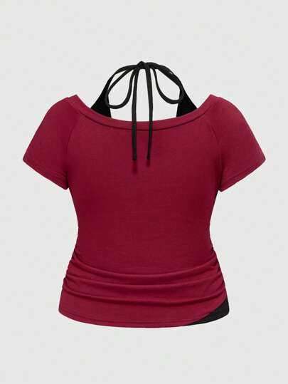 Grunge Punk Plus Size Attractive Mock Neck Skeleton Color-Block Sleeveless T-Shirt For Women