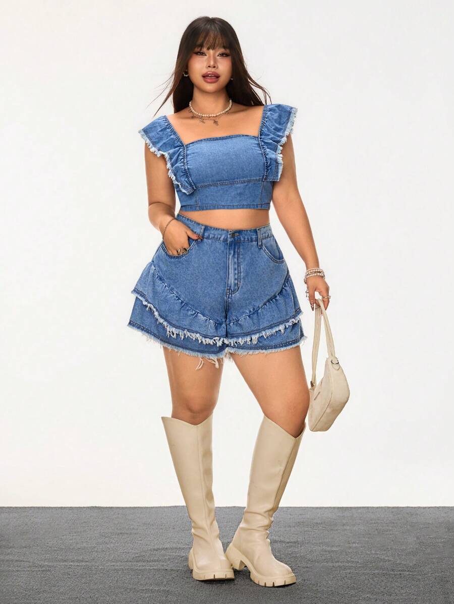 SHEIN ICON Quần short denim xanh nhạt rộng rãi thoải mái cho nữ cỡ lớn - Rửa nhẹ - Xem 1
