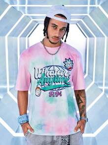 Rick and Morty X SHEIN Tie-Dye And Letter Graphic Round Neck Short Sleeve T-Shirt, Summer