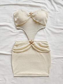 Soleia 女士金属海星装饰镂空无袖迷你吊带连衣裙 - 米色 - 查看 3