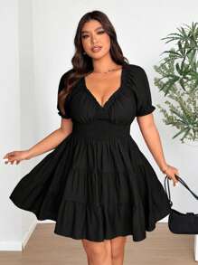 Vionelle Plus Size Woven Elegant V-Neck Puff Sleeve Ruffle Midi Dress - Black - View 6