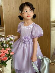 Vestido de organza con mangas abullonadas elegantes para niñas jóvenes - Morado - Ver 4
