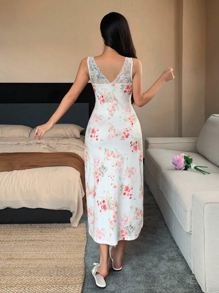 DAZY Floral Allover Print Lace Patchwork Long Waist Cinching Women Nightgown Pajama - Pink - View 2