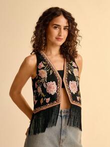 CAJUNI 女士无袖刺绣花卉短背心，夏季假日休闲沙滩度假马甲 - 彩色 - 查看 1