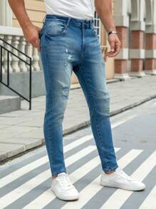 Manfinity Homme Men's Casual Street Snap Button Distressed Skinny Jeans Ripped Jeans For Men Skinny Jeans For Men - Medium Wash - View 4