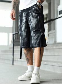 Manfinity LEGND 男士休闲街头日常装纽扣式牛仔百慕大短裤 - 黑色 - 查看 4