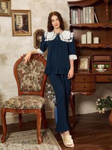 Côtesoire Conjunto de pijama de mujer estilo palacio con volantes tipo burbujas, parte superior y pantalones - azul real - Ver 4