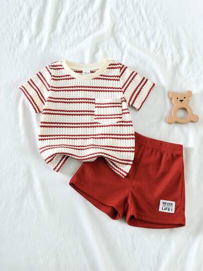 SHEIN Vintaside Kids 2pcs Toddler Baby Boys Fashion Knit Black & White Striped Waffle Textured Pocket Crew Neck Short Sleeve T-Shirt And Black Elastic Waist Letter Patch Shorts Set, Summer