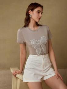 MOTF PREMIUM CAMISETA CON DETALLES DE PERLAS FALSAS Y RHINESTONES - Gris - Ver 6