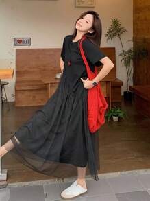 DAZY Abito midi casual a maniche corte con arricciature, girocollo, senza stampe, estivo, da donna