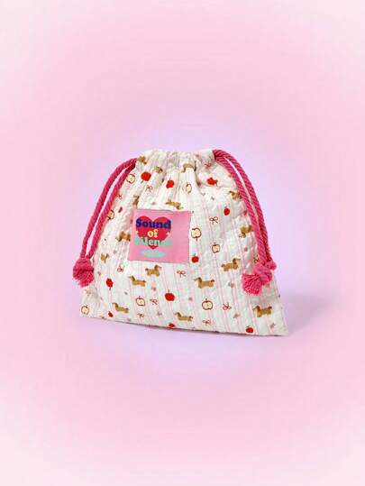 Kawaii Bolsa de almacenamiento de accesorios linda con estampado de cachorro, manzana, moño y flores dispersas
