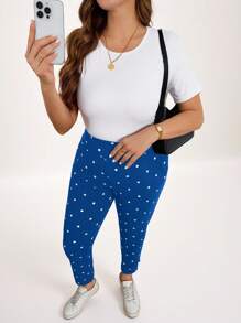 SHEIN LUNE Plus Size Women Polka Dot Print Casual Pants With Pockets And Side Slits Vacation New Years Winter Valentine Day Business Casual - Blue - View 4