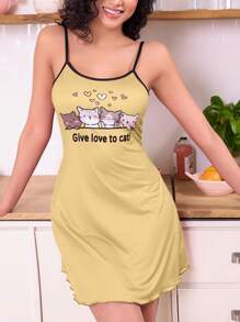 女式夏季可爱猫咪与口号图案撞色绑带睡袍