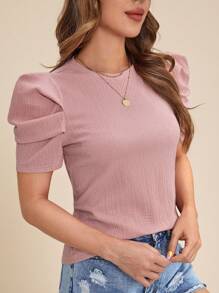 SHEIN Clasi Women's Puff Sleeve Round Neck With Textured Fabric Pink Tee