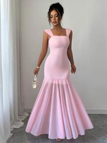 Elenzga Robe longue élégante femme pratique et décontractée, charmante pour les vacances, la remise des diplômes, les festivals de musique. Robe femme douce à fines bretelles, avec ceinture à la taille, jupe évasée et empiècements en maille, couleur unie - Rose pâle - Voir 6