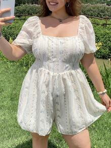 SHEIN EZwear 大码度假休闲提花梭织连体裤，浅蓝色 - 白色 - 查看 6