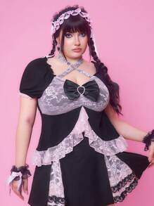 ROMWE J-Fashion Shibuya Girl Y2K 风格蕾丝拼布加大码 T 恤 - 黑色 - 查看 4