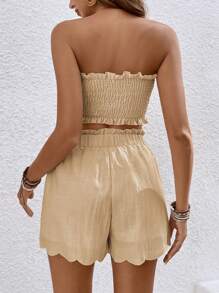 SHEIN Frenchy 2pcs Women Set: Solid Color Ruched Bow Decor Tube Top And Shorts Summer Brown - Khaki - View 2