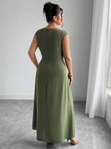 Elenzga Plus Size Women's Elegant Vacation Casual Waisted Ruched Metallic Decor Drop-Shoulder Slit Maxi Dress, Spring/Summer - Army Green - View 2