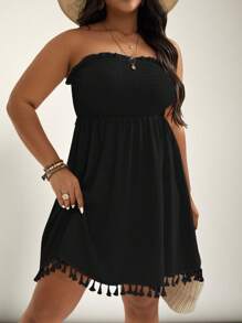 SHEIN VCAY Plus Tassel Trim Waffle Knit Tube Dress,Beach Dress Sundress,Holiday Outfits Boho - Black - View 4