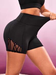 SHEIN Sports Women's Contrast Mesh Workout Yoga Shorts - Black - View 3