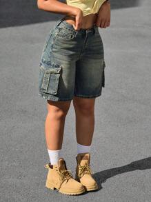 SHEIN PETITE 女士休闲宽松多口袋牛仔短裤，百搭 - 藍色 - 查看 3