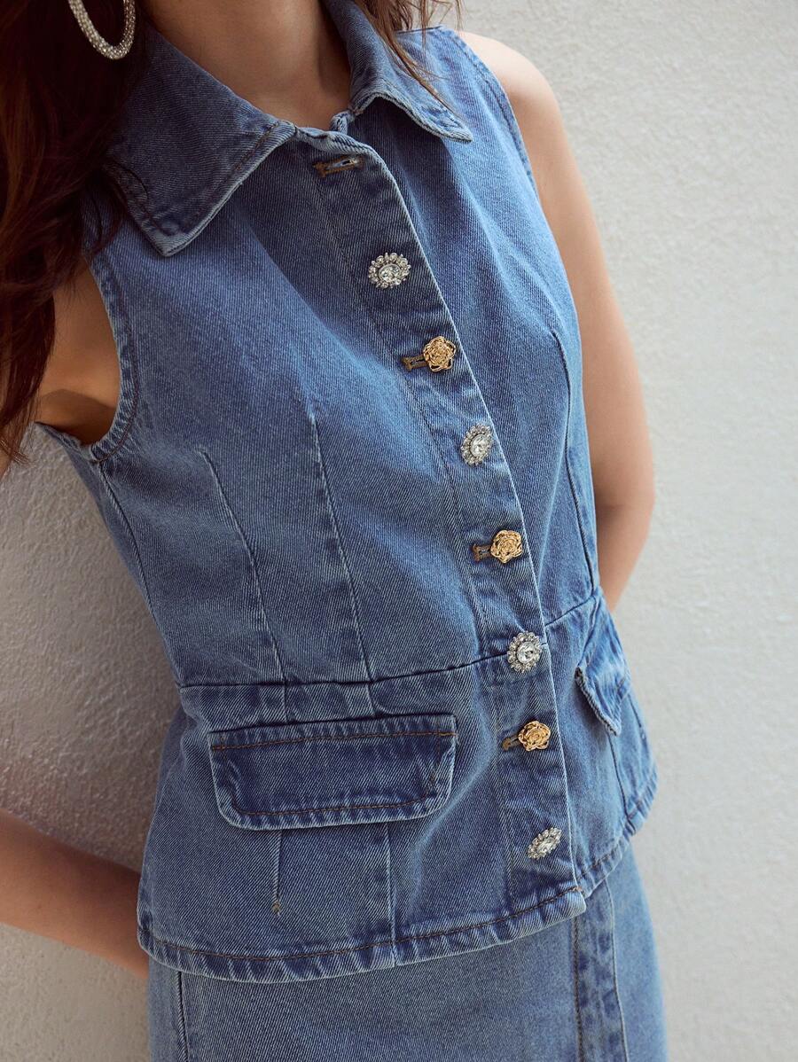 MOTF STUDIO BUTTON UP PEPLUM DENIM TOP - Light Wash - View 2