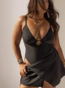 Aralina 7 月 4 日曲线女士纹理面料细节连体泳衣，完美搭配沙滩装和夏季装 - 黑色 - 查看 6