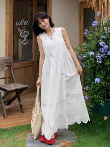 FRIFUL فستان نسائي بأكمام بلا أكمام مع ربطة عنق، مطرز، خصر ضيق، فستان طويل متدفق، ملابس شاطئية للسيدات