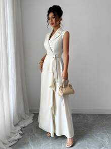 Elenzga 波西米亚风斜襟 V 领无袖荷叶边下摆连衣裙，适合夏季海滩度假 - 杏色 - 查看 5