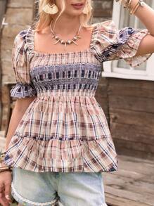 LanaWest 女款泡泡袖上衣，腰部收褶，下摆荷叶边 - 彩色 - 查看 3