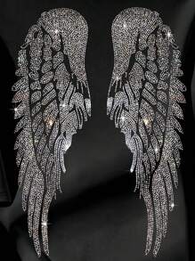 SHEIN 女士加大码休闲白色图案超大 T 恤，带有闪亮天使翅膀设计，短袖圆领上衣，适合春夏季 - 黑色 - 查看 5