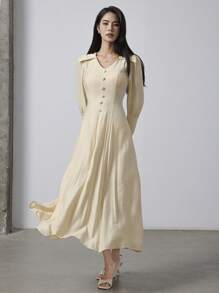 Heiryn 女士春季休闲简约纯色V领灯笼袖收腰长裙 - 黃色 - 查看 2