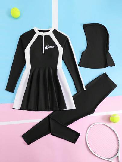 SHEIN 3 Stücke/Set Kontrast-Farbkombination Langarm-Kleid Stil Badeanzug Oberteil, lange Hose und Badekappe für Teenagermädchen