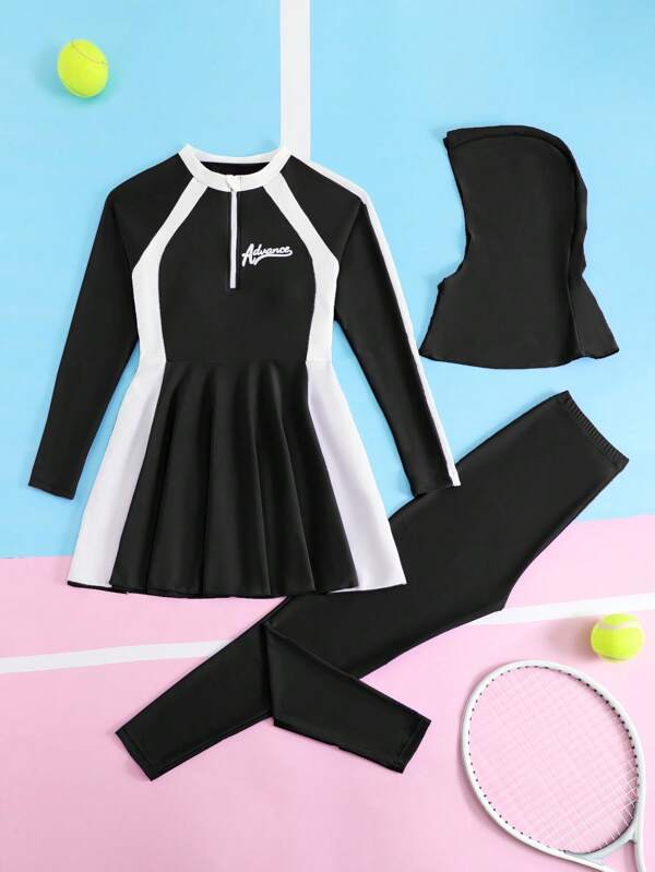 SHEIN 3pcs/Set Teenage Girls' Contrast Color Long Sleeve Dress Style Swimsuit Top, Long Pants And Swim Cap
