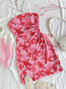 SHEIN Rochie scurtă cu imprimeu floral tropical, cu funde, model preadolescent, stil vară și eleganță, ținute asortate pentru mami și cu mine