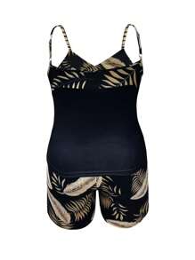 INAWLY 2pcs Plus Size Adjustable Strap Fitted Tank Top And Shorts Set (210G Double Milled Milk Silk) - Black - View 2