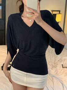 DAZY 女式 V 领蝙蝠袖修身罩衫，夏季短袖 T 恤 - 藏蓝色 - 查看 1